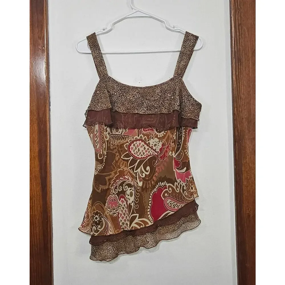 Y2K Fairy Top Brown Paisley Chiffon Asymmetric Ruffle Sleeveless Size Medium - Picture 3 of 5